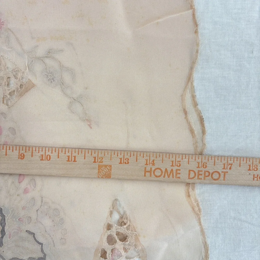 Antique Vtg Silk Scarf Hand Embroidered Cutwork Lace Butterfly Floral Sheer